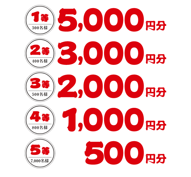 1等5,000円分~5等500円分