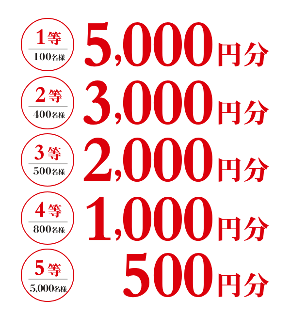 1等5,000円分~5等500円分