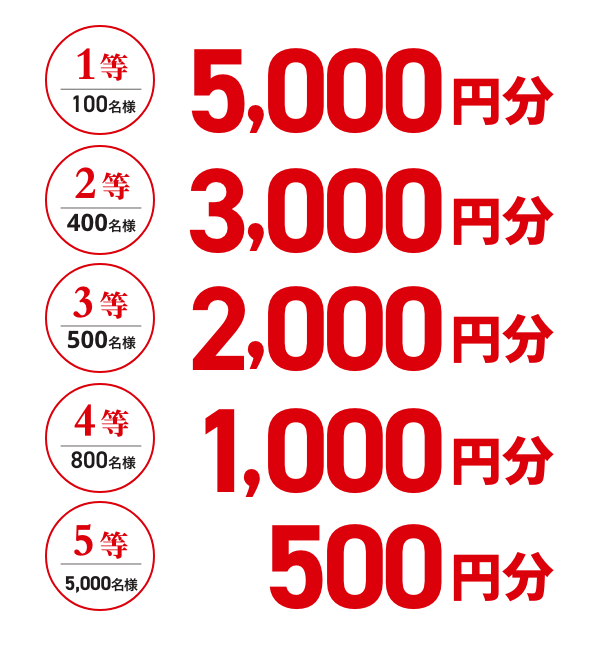1等5,000円分~5等500円分